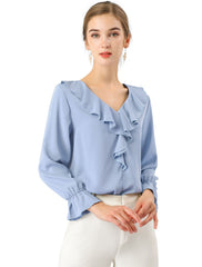 Ruffle Neck Gathered Cuff Long Sleeves Blouse