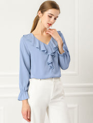 Ruffle Neck Gathered Cuff Long Sleeves Blouse