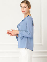 Ruffle Neck Gathered Cuff Long Sleeves Blouse