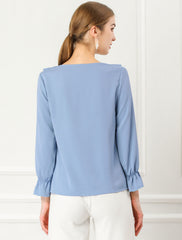 Ruffle Neck Gathered Cuff Long Sleeves Blouse