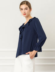 Ruffle Neck Gathered Cuff Long Sleeves Blouse