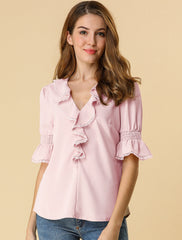 Ruffle Puff Sleeve Lace Trim Chiffon Peasant Blouse