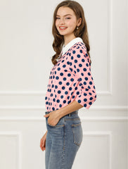 Polka Dots Contrast Peter Pan Collar Top 3/4 Sleeve Blouse Shirt