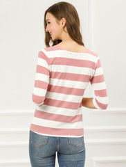 Striped 3/4 Sleeve Casual Basic Boat Neck T-shirt