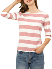 Striped 3/4 Sleeve Casual Basic Boat Neck T-shirt