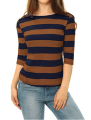 Striped 3/4 Sleeve Casual Basic Boat Neck T-shirt