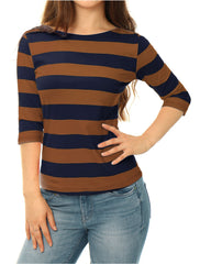 Striped 3/4 Sleeve Casual Basic Boat Neck T-shirt