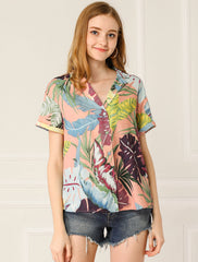 Hawaiian Tropical Leaves Floral Short Sleeve Button Down Shirt