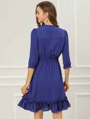 Ruffle Hem 3/4 Sleeve A-Line Smocked Midi Chiffon Dress
