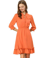 Ruffle Hem 3/4 Sleeve A-Line Smocked Midi Chiffon Dress