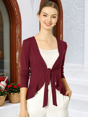 Women's Tie Front Knit Ruffled Long Sleeve Open Cardigan