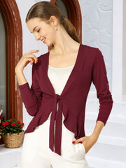 Women's Tie Front Knit Ruffled Long Sleeve Open Cardigan