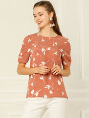 Floral Crew Neck Ruched Sleeve Casual Blouse