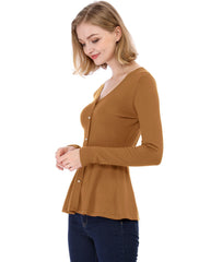 V Neck Long Sleeve Ribbed Pullover Knitted Peplum Top