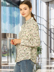 Button Down Floral Shirt Blouse Long Sleeve Point Collar Top