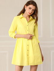 Ruched 3/4 Sleeve Button Up Casual Mini Shirt Dress