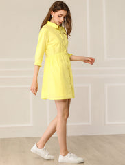 Ruched 3/4 Sleeve Button Up Casual Mini Shirt Dress