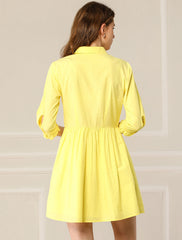 Ruched 3/4 Sleeve Button Up Casual Mini Shirt Dress
