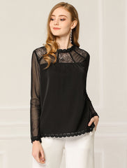 Lace Mesh Long Sleeve Top Round Neck Casual Elegant Blouse