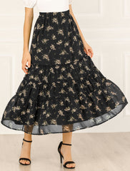 Ruffle Boho Chiffon Floral Printed Long Tiered Midi Skirt