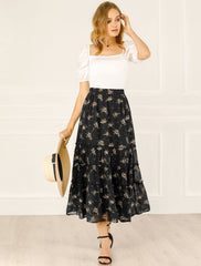 Ruffle Boho Chiffon Floral Printed Long Tiered Midi Skirt