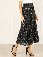 Ruffle Boho Chiffon Floral Printed Long Tiered Midi Skirt