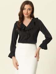 Ruffle Neck Gathered Cuff Long Sleeves Blouse