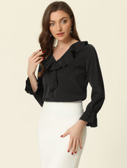 Ruffle Neck Gathered Cuff Long Sleeves Blouse