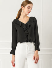 Ruffle Neck Gathered Cuff Long Sleeves Blouse