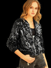 Sequin Sparkle Party Long Sleeve Zipper Bomber Jacket