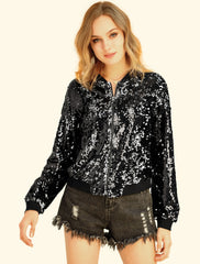 Sequin Sparkle Party Long Sleeve Zipper Bomber Jacket