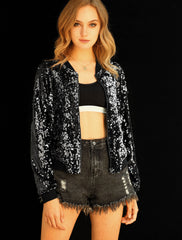 Sequin Sparkle Party Long Sleeve Zipper Bomber Jacket
