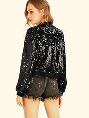 Sequin Sparkle Party Long Sleeve Zipper Bomber Jacket