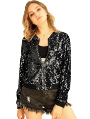 Sequin Sparkle Party Long Sleeve Zipper Bomber Jacket