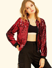 Sequin Sparkle Party Long Sleeve Zipper Bomber Jacket