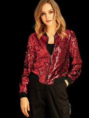 Sequin Sparkle Party Long Sleeve Zipper Bomber Jacket