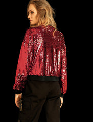 Sequin Sparkle Party Long Sleeve Zipper Bomber Jacket