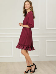 Ruffle Hem 3/4 Sleeve A-Line Smocked Midi Chiffon Dress