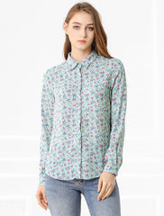 Button Down Floral Long Sleeve Point Collar Blouse