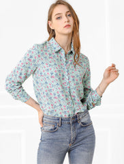 Button Down Floral Long Sleeve Point Collar Blouse