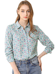 Button Down Floral Long Sleeve Point Collar Blouse