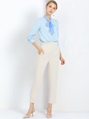 Tie Neck Contrast Color Button Down Long Sleeve Shirt