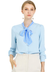 Tie Neck Contrast Color Button Down Long Sleeve Shirt