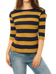 Striped 3/4 Sleeve Casual Basic Boat Neck T-shirt