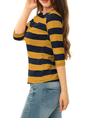Striped 3/4 Sleeve Casual Basic Boat Neck T-shirt