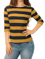 Striped 3/4 Sleeve Casual Basic Boat Neck T-shirt