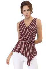 Sleeveless V Neck Tie Waist Asymmetric Hem Wrap Peplum Top