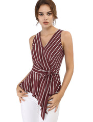 Sleeveless V Neck Tie Waist Asymmetric Hem Wrap Peplum Top