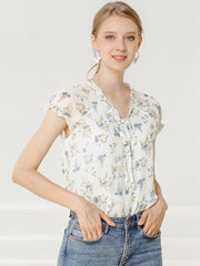 Ditsy Floral Print Chiffon Short Sleeve Ruffle Blouse