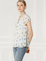Ditsy Floral Print Chiffon Short Sleeve Ruffle Blouse